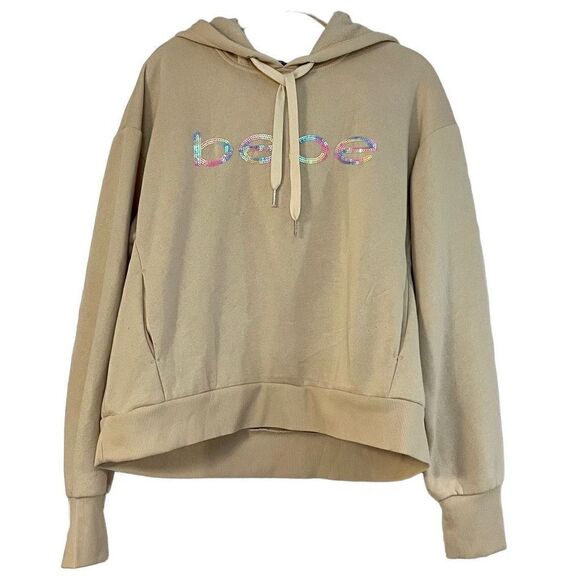 Bebe Sport Cream Hoodie Rainbow Sequins Size Large - Picture 1 of 11